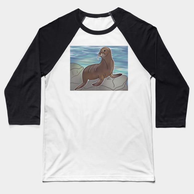 California Sea Lion Baseball T-Shirt by eeliseart